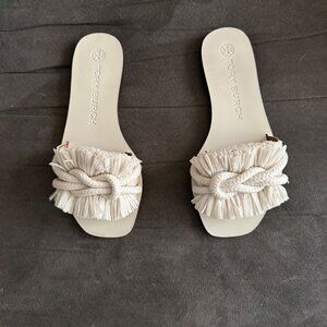 Tory Burch White Fringe Knot Leather Slide Sandals Size 7M